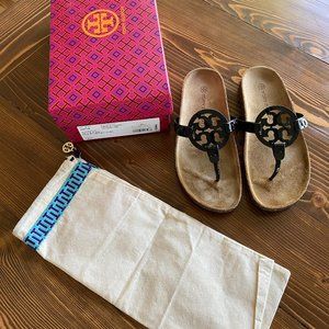 New Tory Burch Miller Cloud Sandals, Black Patent, Size 8.5